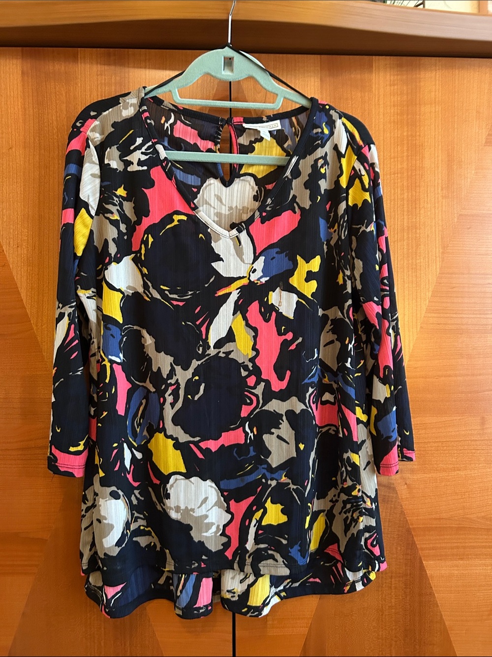 Abstract Floral Keyhole Tunic Top - Black with Pink, Yellow & Blue